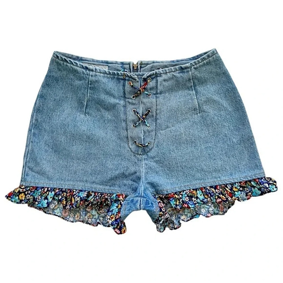 Vintage 90’s Paris Blues Floral Lace Up Denim Shorts - Picture 1 of 9